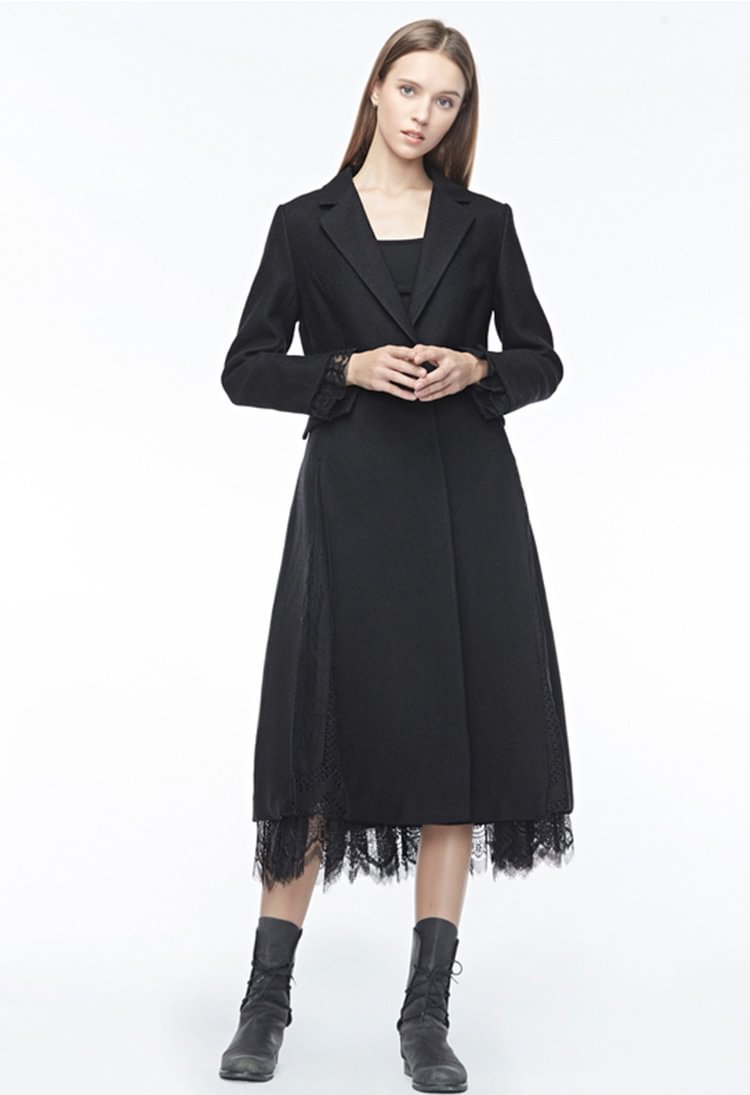 S·DEER Casual lapel collar insert pocket lace stitching pure black woolen trench coat S19481819