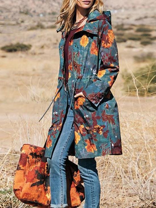 Mayoulove Printed chic women autumn coat with hood-Mayoulove