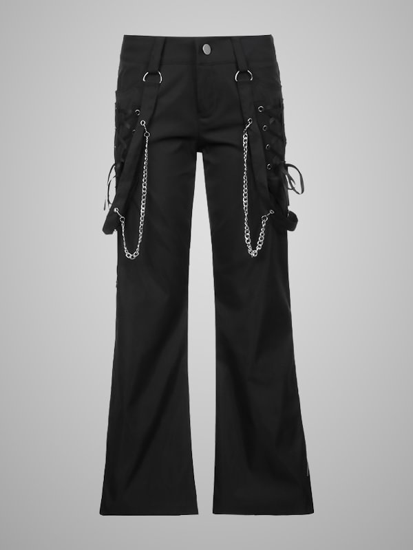 Dark Street Chain-trimmed Zipped Solid Black Flare Pants with Streamer