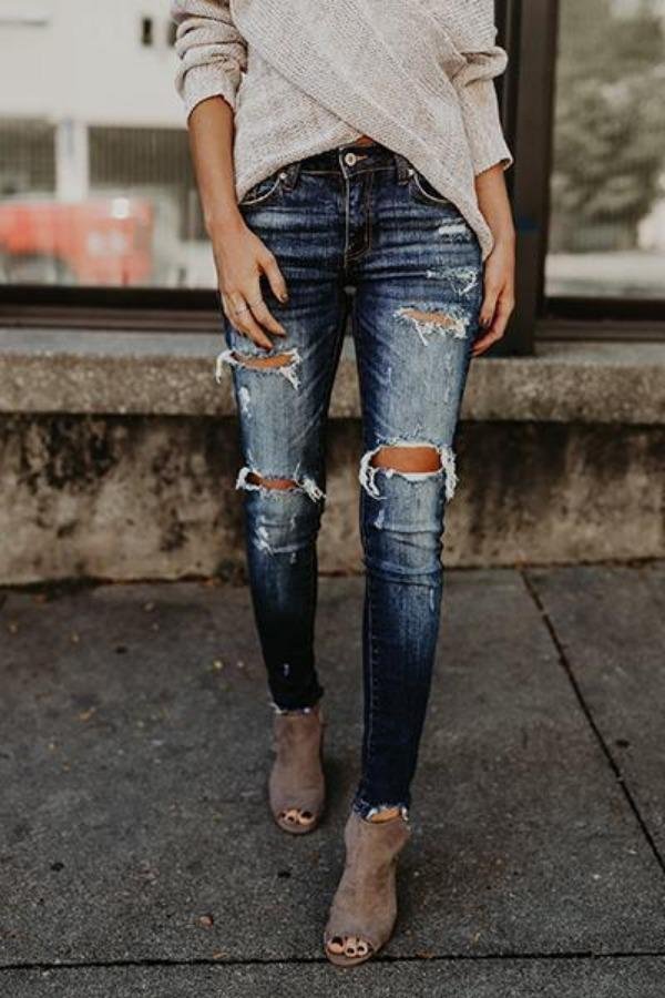 Womens Dark Denim Ripped Skinny Jeans-Allyzone-Allyzone