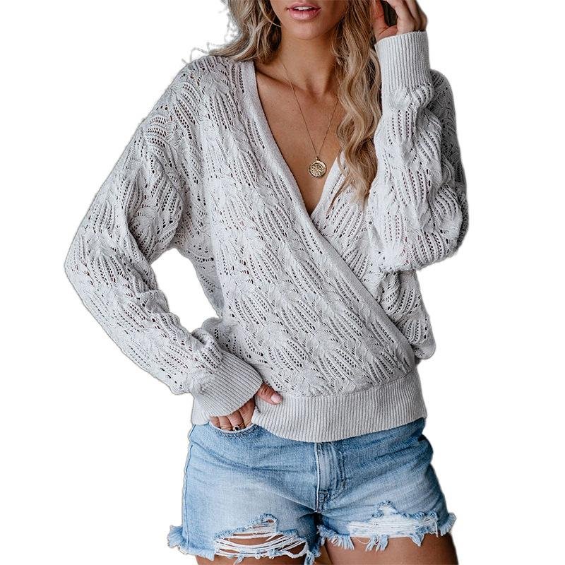 Knitted Solid Color Long Sleeve Hollow Top-Corachic