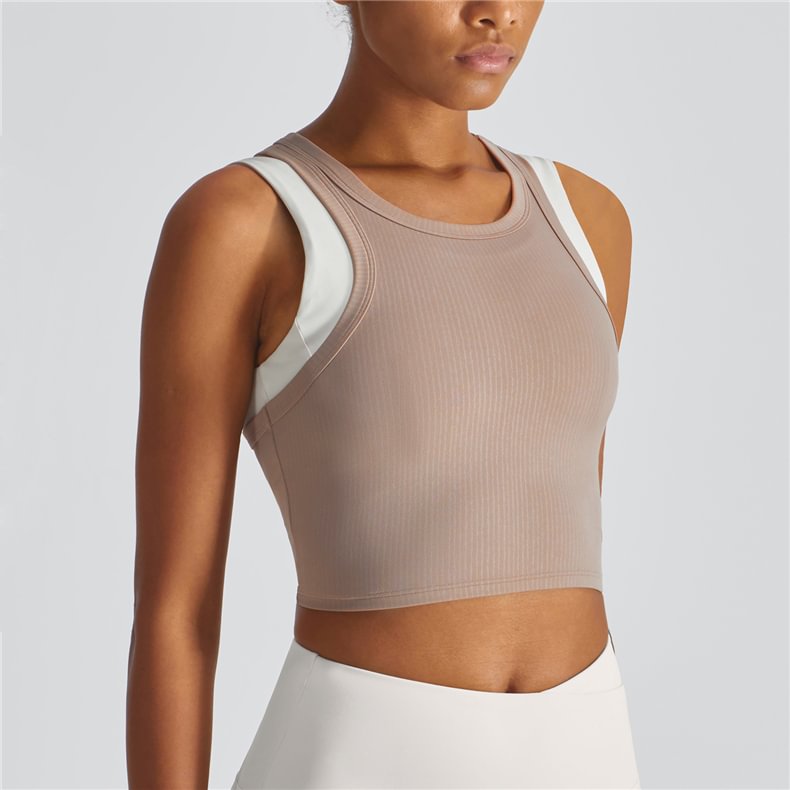 Buy khaki high support racer back ribbed gym crop tank top with removable cups of high quality on Hergymclothing