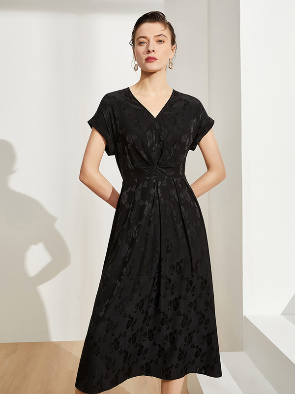 Black Gathered Design Jacquard Silk Dress