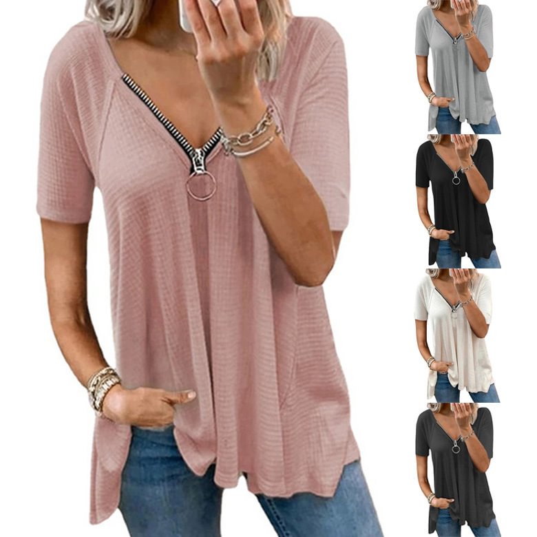 XS-8XL Spring Summer Tops Plus Size Fashion Clothes Women's Casual Short Sleeve Tee Shirts Ladies Deep V-neck Zipper Blouses Solid Color Loose T-shirt Pleated Cotton Tops