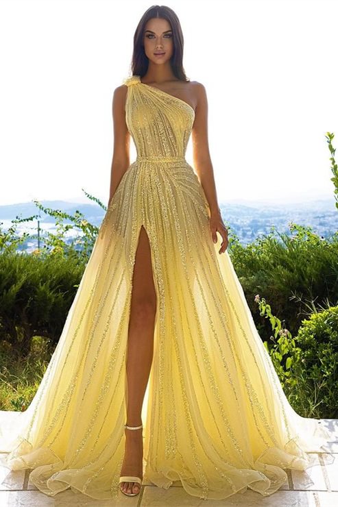 Luluslly Daffodil One Shoulder Prom Dress Sequins Long With Split