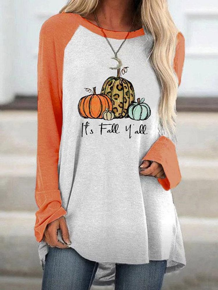 Round Neck Color Matching Halloween Funny Print Long-sleeved Loose Long T-shirt-Mayoulove