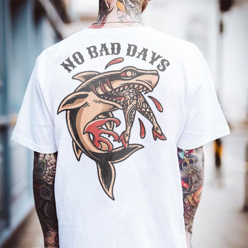 NO BAD DAYS shark print loose T-shirt designer - Krazyskull