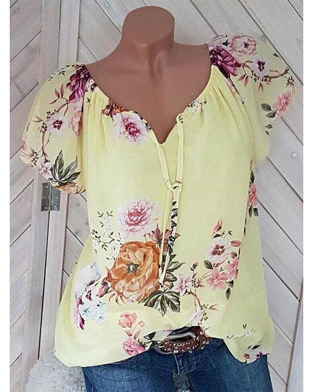 Women's Plus Size Blouse Shirt Floral Pattern Flower V Neck Tops Loose Streetwear Basic Top White Red Yellow-0207822-Corachic