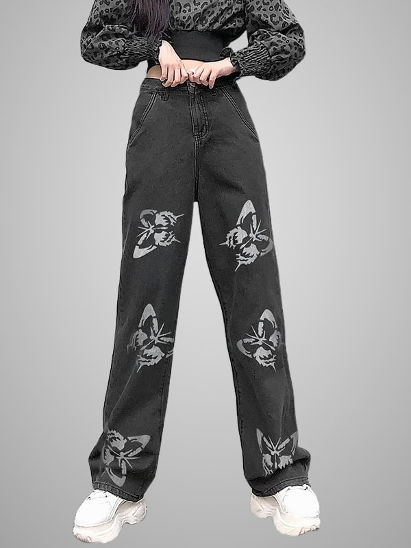 Women's Street Butterfly-printed High Rise Wide-legged Trousers
