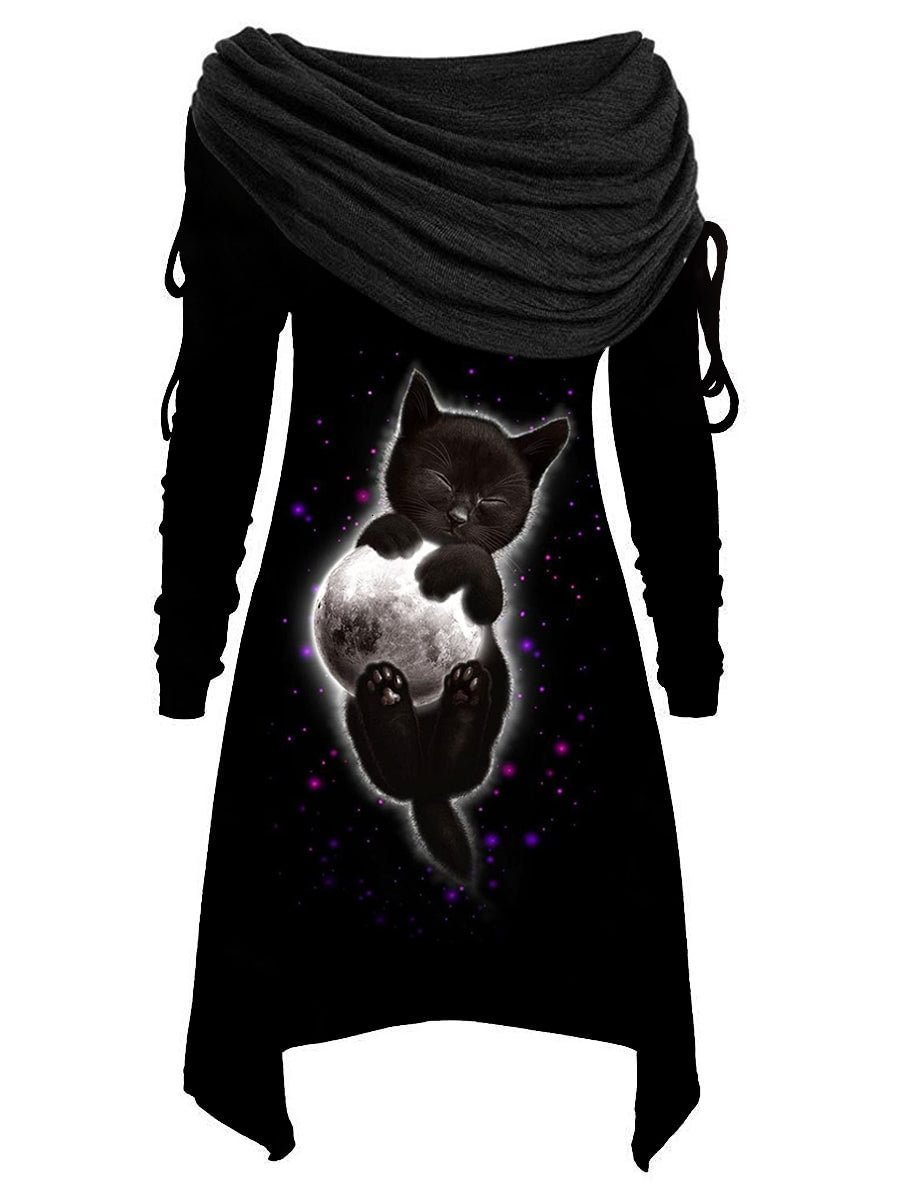 Black Cat Holding Moon Irregular Hem Women Top