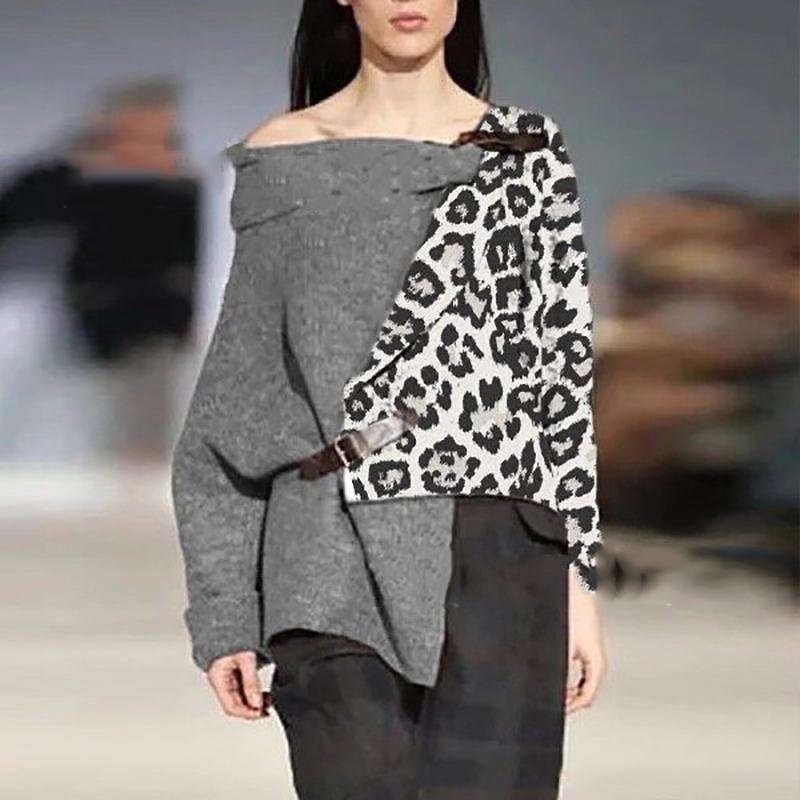 Leopard Printed Long Sleeve Irregular Sweater-Corachic
