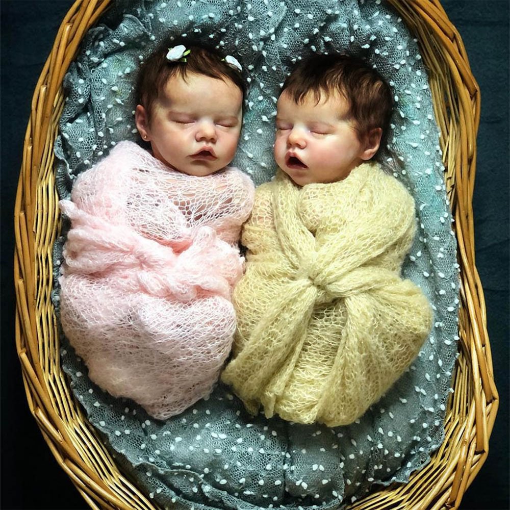 [Sleeping Twins] 12'' Real Lifelike Venda and Sumin Truly Twins Baby Eyes Closed Boy and Girl Dolls