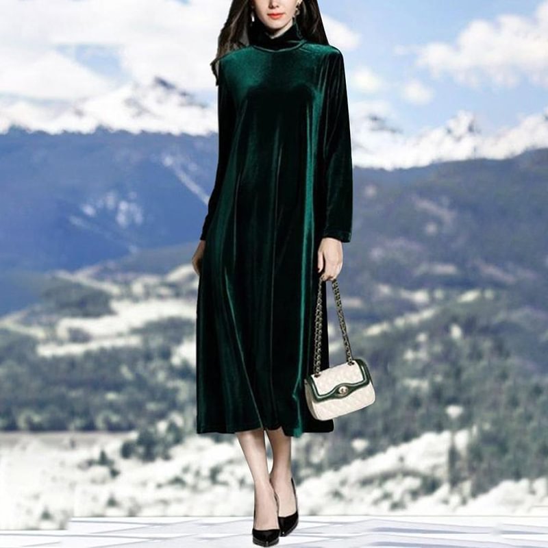 High Collar Solid Color Trendy Women’s Velvet Dress