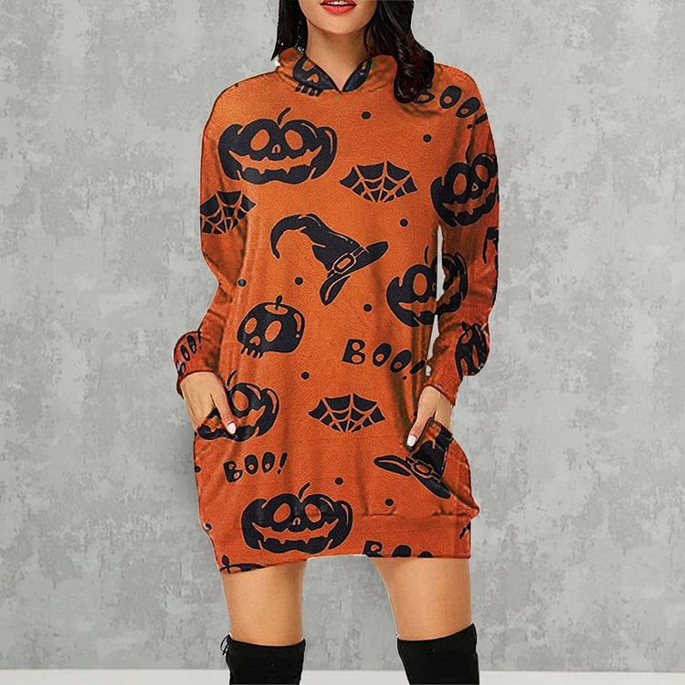 Halloween pumpkin print long pocket hood long sleeve sweater