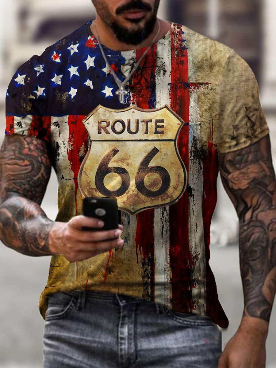 Crew Neck Route 66 American flag Short Sleeve Tops T-shirts / [viawink] /