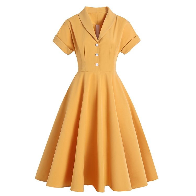 Mayoulove 1950 Fashion Dress Solid Color Mid-length Retro Lapel Dress-Mayoulove
