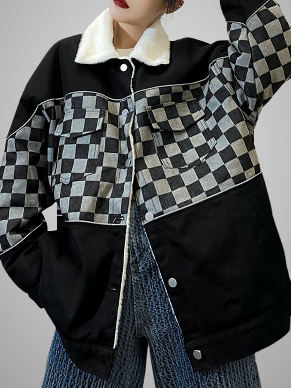 Casual Paneled Checkered Demin Padded Jacket