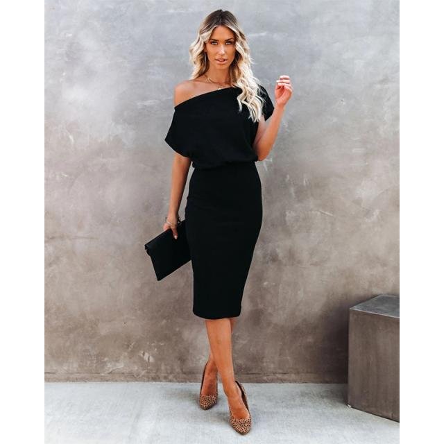 Women's Off The Shoulder Short Sleeve Casual Party Bodycon Midi Dress