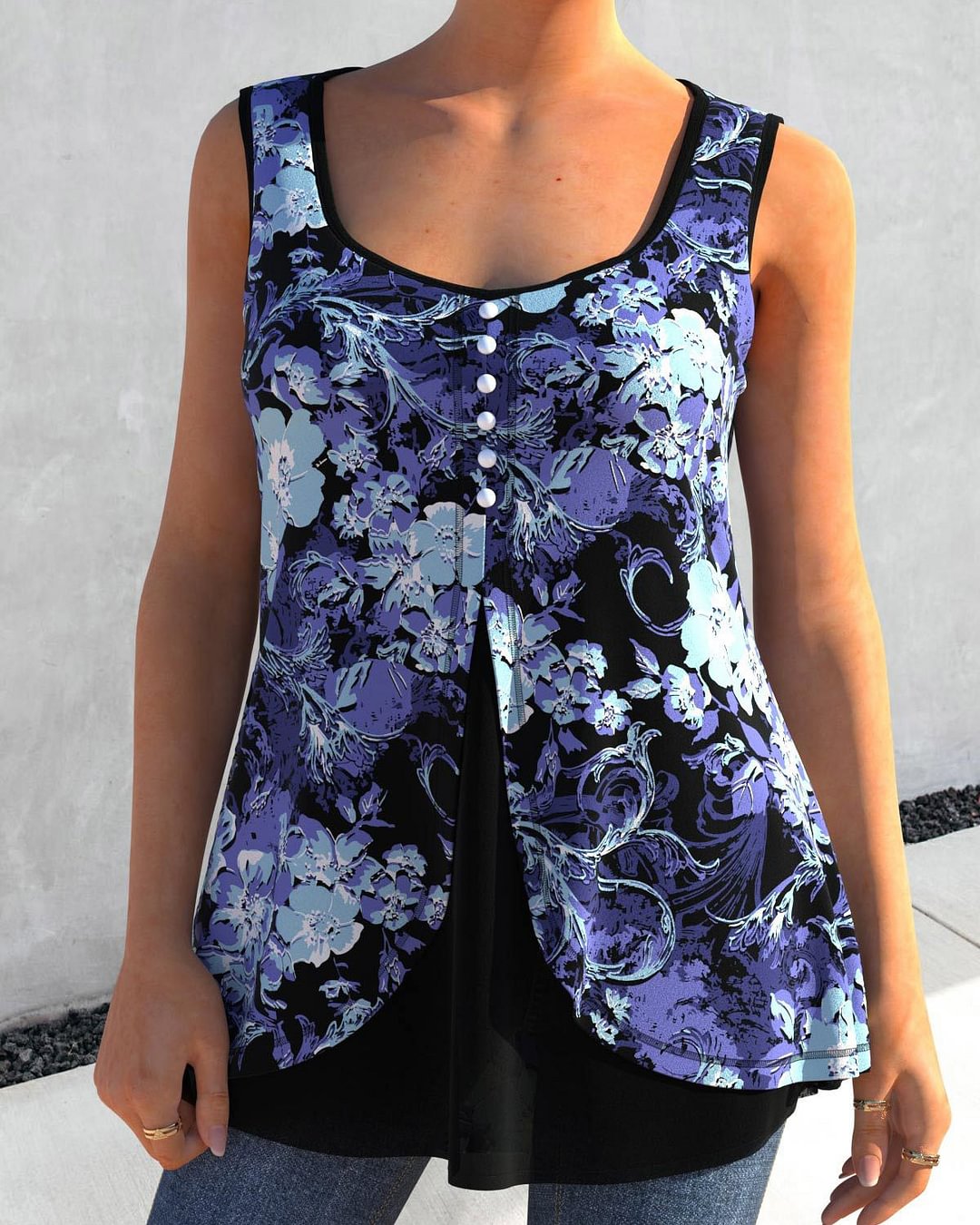 Summer new women's round neck printed fake two-piece sleeveless vest button T-shirt top