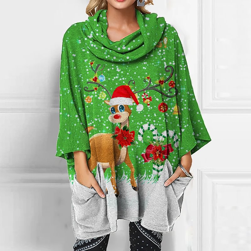 Christmas Reindeer Print Double Pocket Cloak
