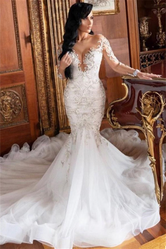 Luluslly Long Sleeves Mermaid Lace Appliques Wedding Dress On Sale