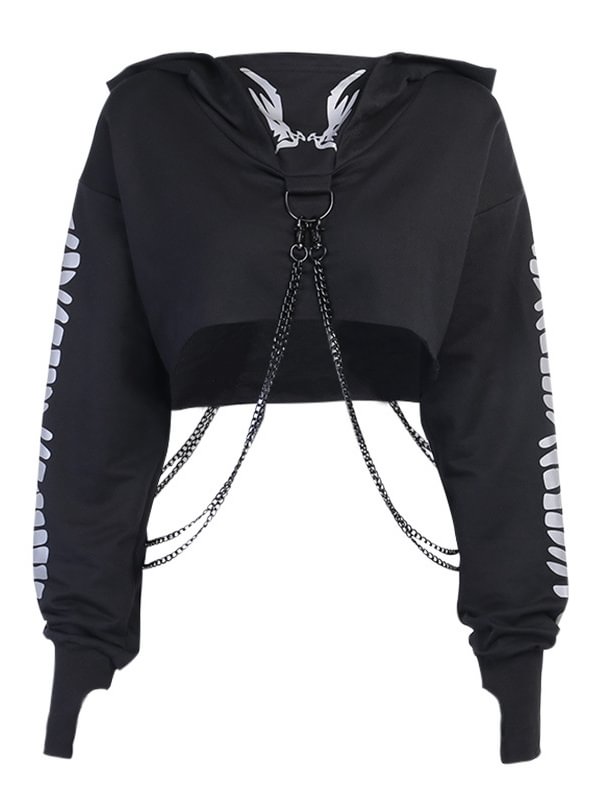 Autumn New Reflective Skeleton & Wings Chain-trimmed Crop Hoodie