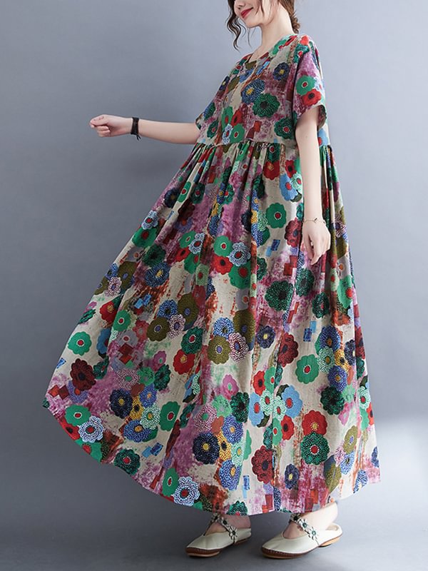 Vintage Loose Multi-Colored Floral Printed Midi Dress