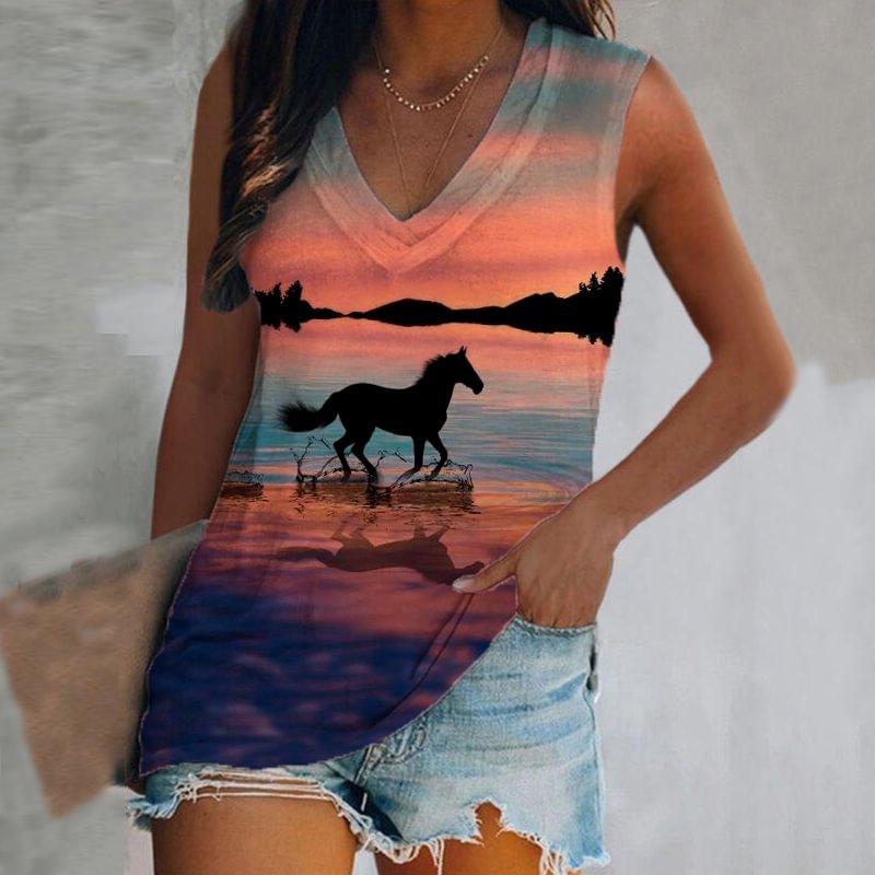 Sunset horse print sleeveless vest
