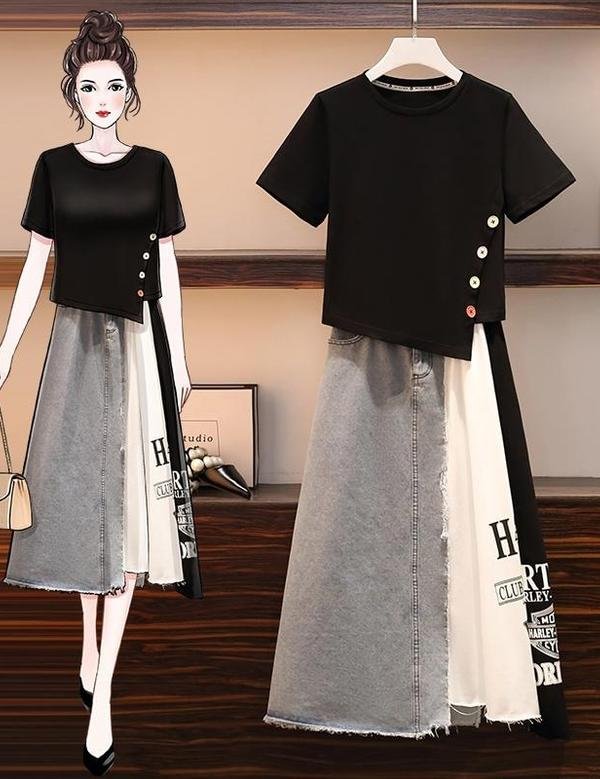Single-breasted T-shirt+Patchwork Skirt P14814