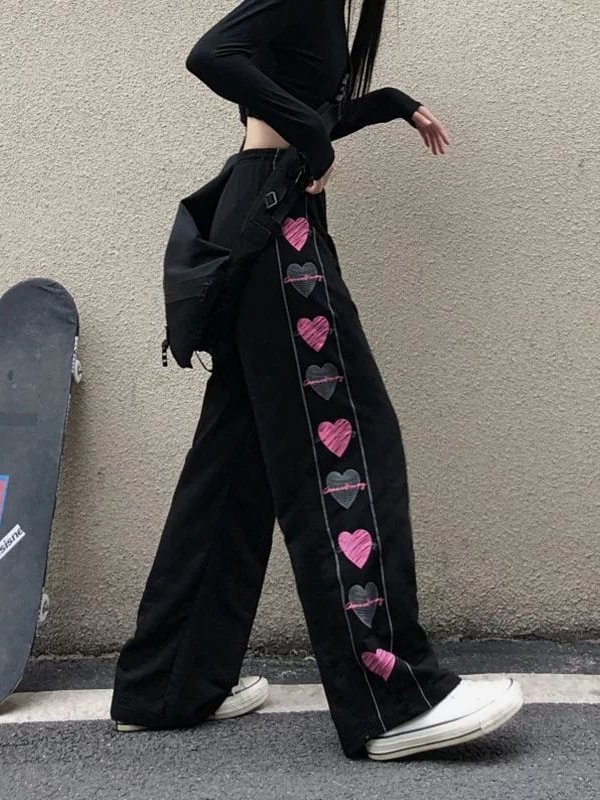 Daily Statement Heart Pattern Printed High Rise Loose Straight Pants