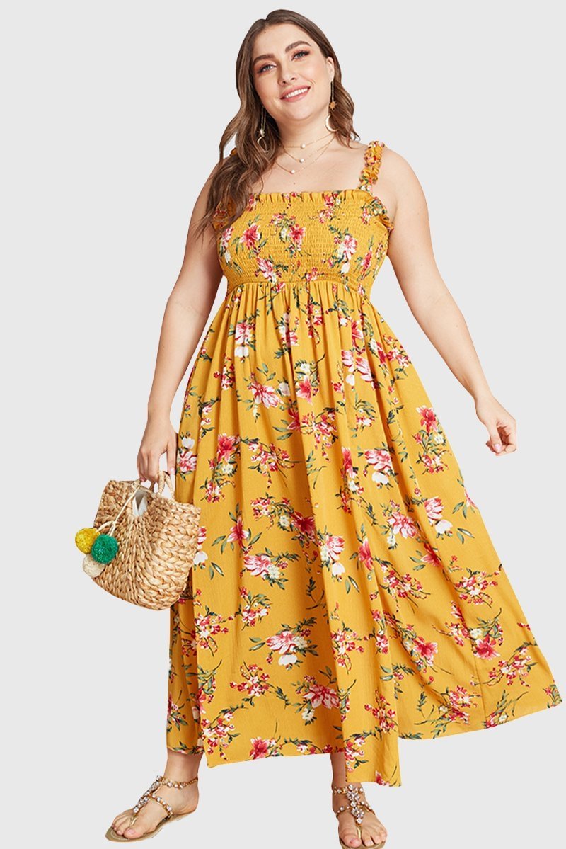Yellow Floral Print Smocked Maxi Dress P16437