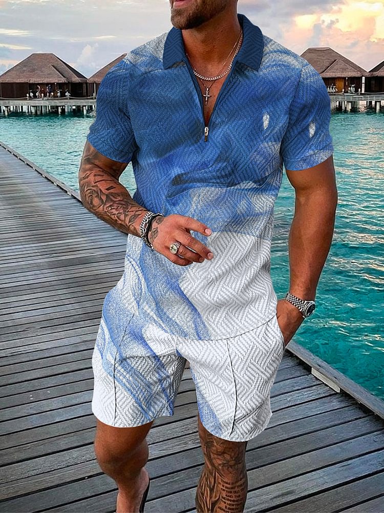 Men's Artistic Blue Printed Polo Suit