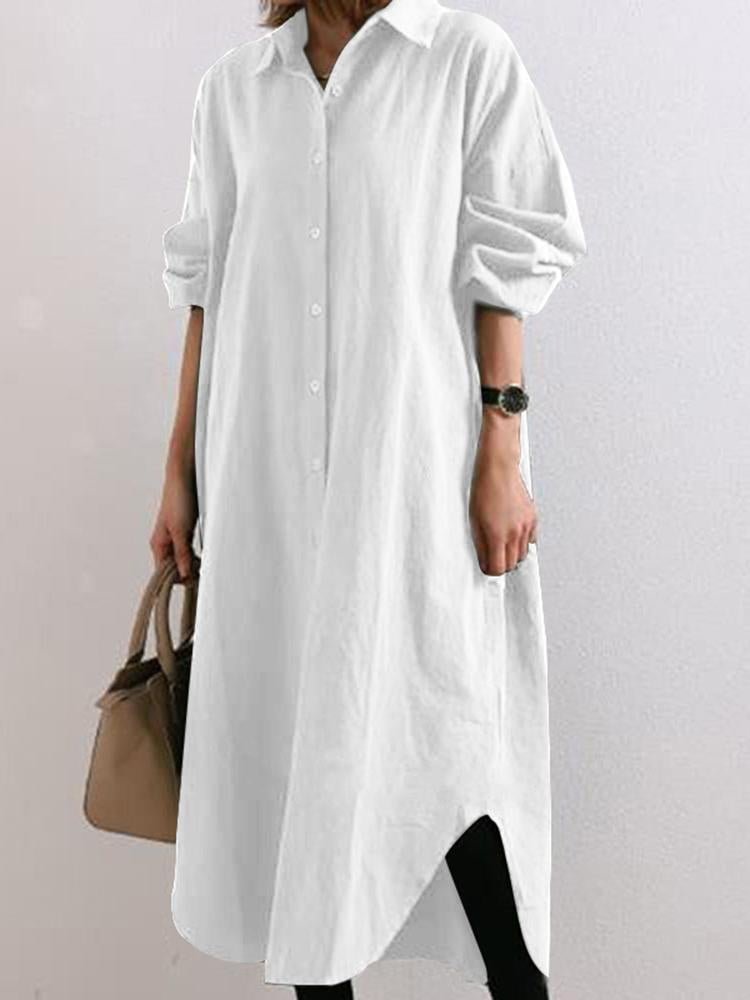 Solid Color Casual Loose Buttoned Linen Shirt Dress