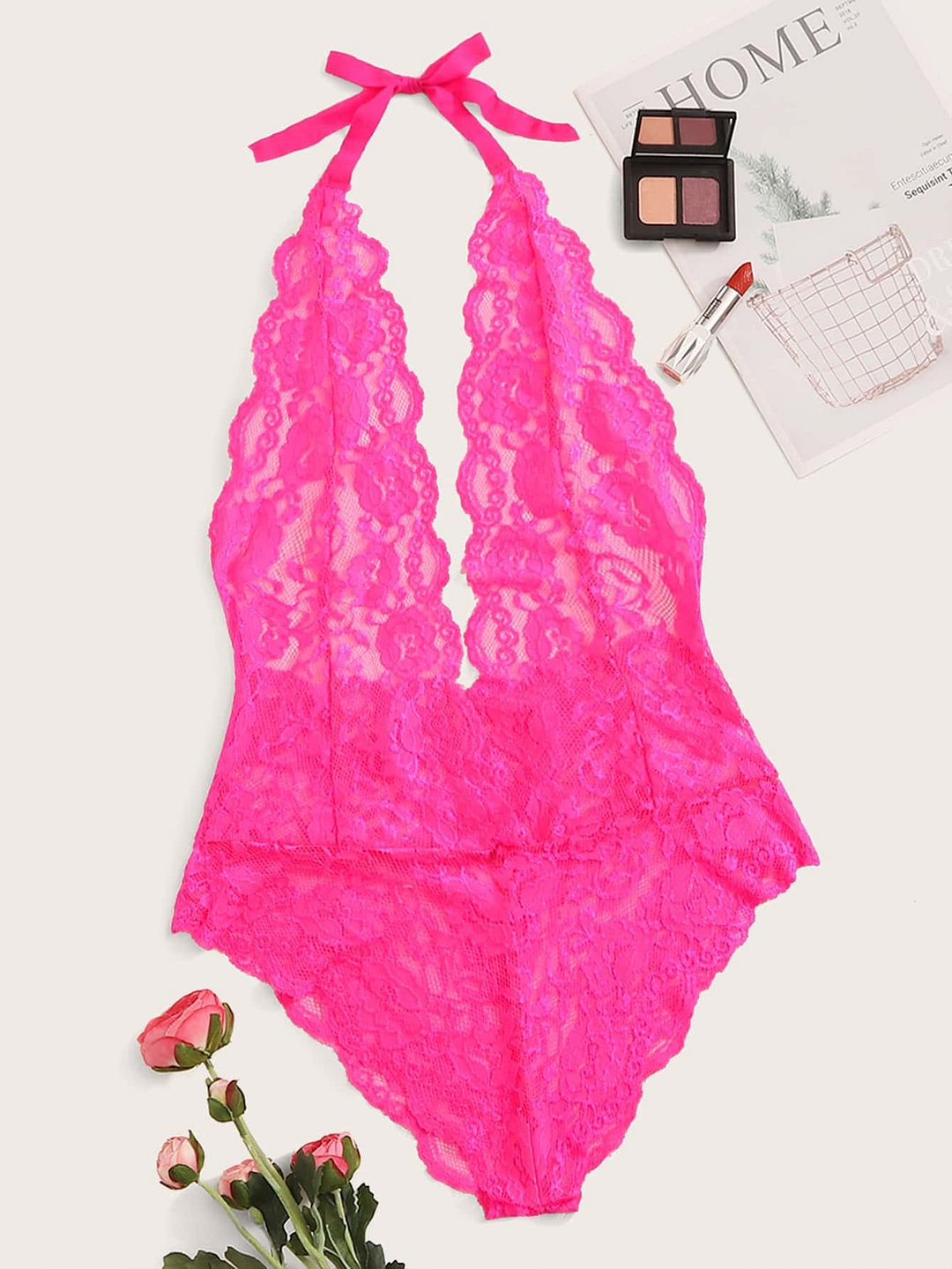 Neon Pink Floral Lace Sheer Teddy Bodysuit-Icossi