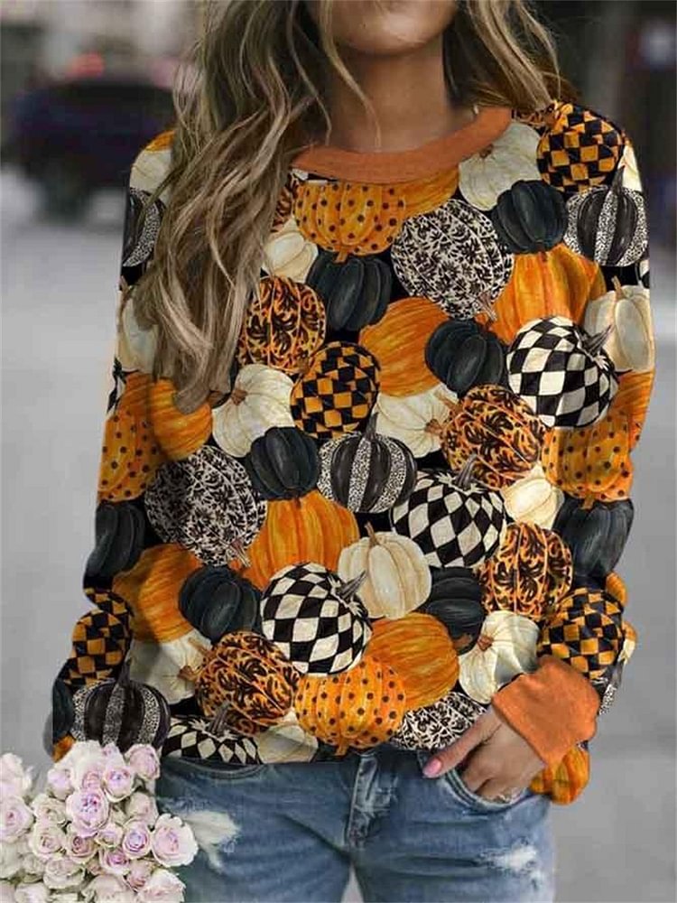 Pumpkin print loose long sleeve round neck sweater girl for Halloween