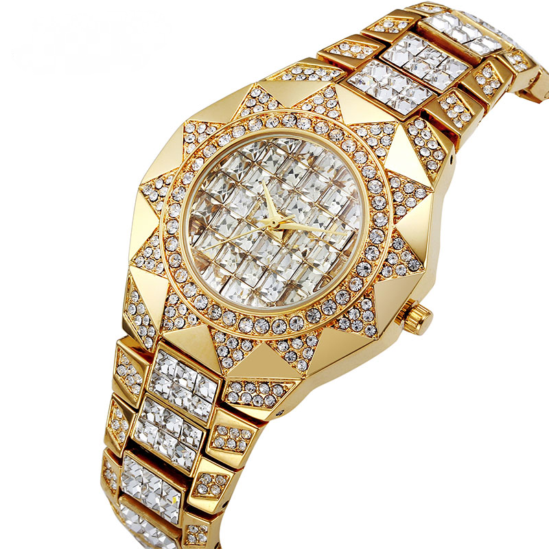Baguette Diamond Sun Shape Quartz Water Resistant Gold Watches-VESSFUL