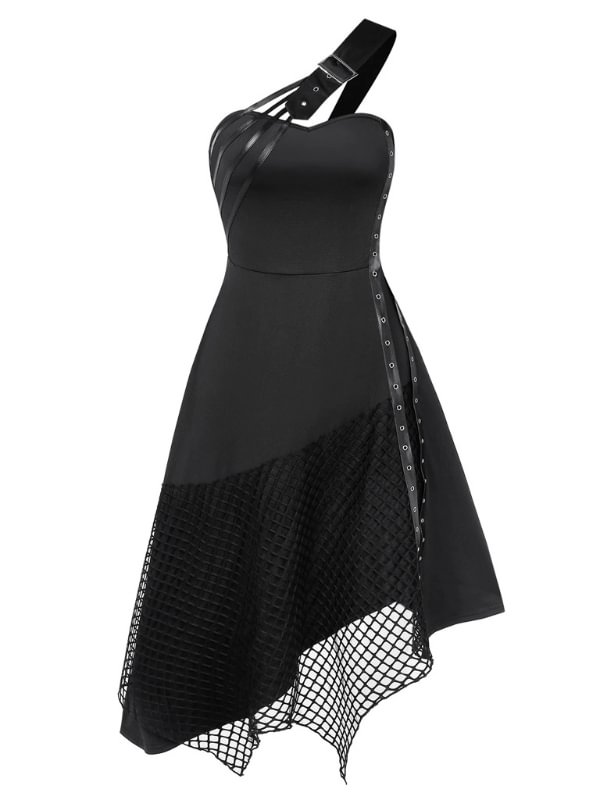 Goth Vintage Paneled One Shoulder Buckle Back Lace Up Asymmetrical Dress