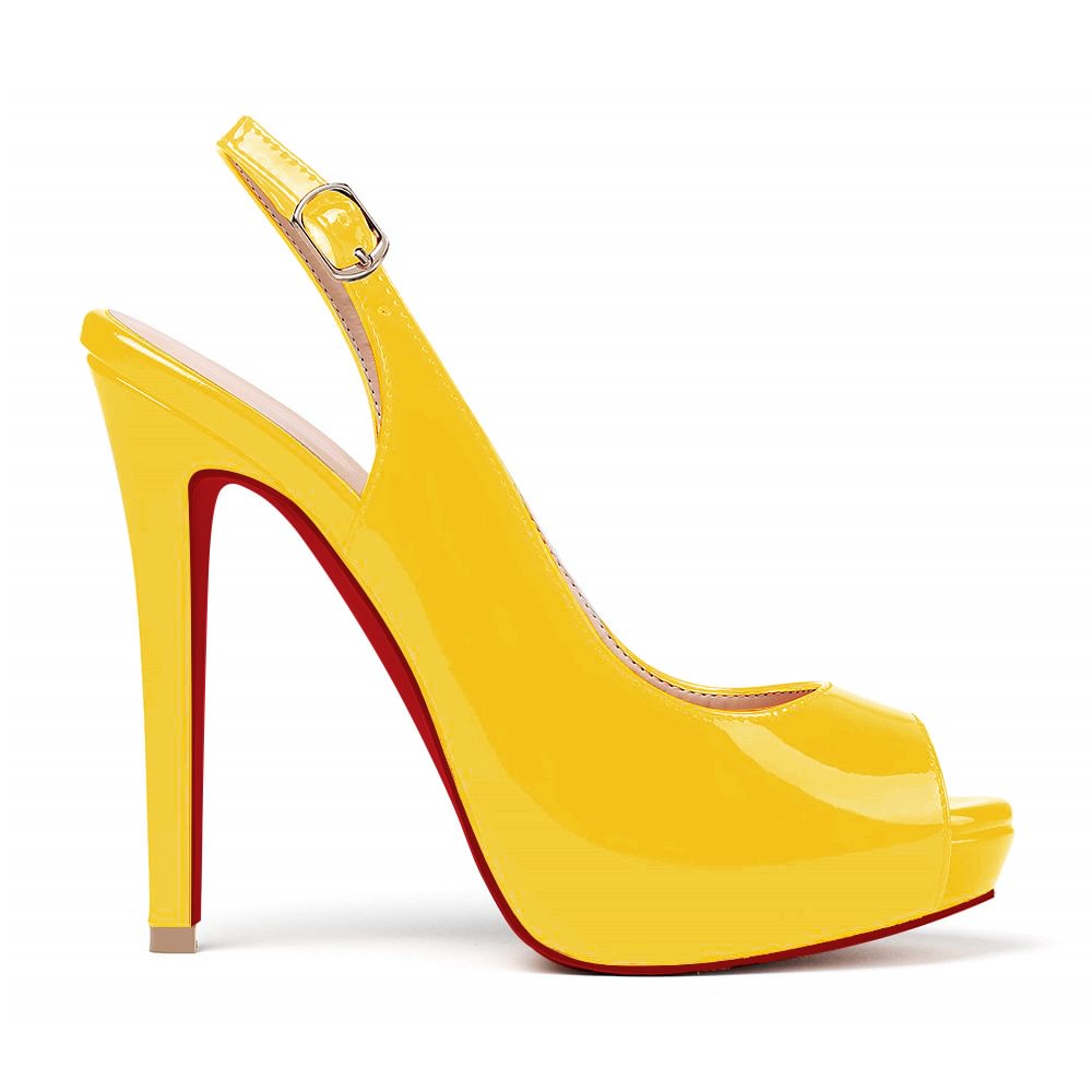 120mm Strap Slingback Sandals Peep Toe Platform Stilettos Yellow Patent Heels-vocosishoes