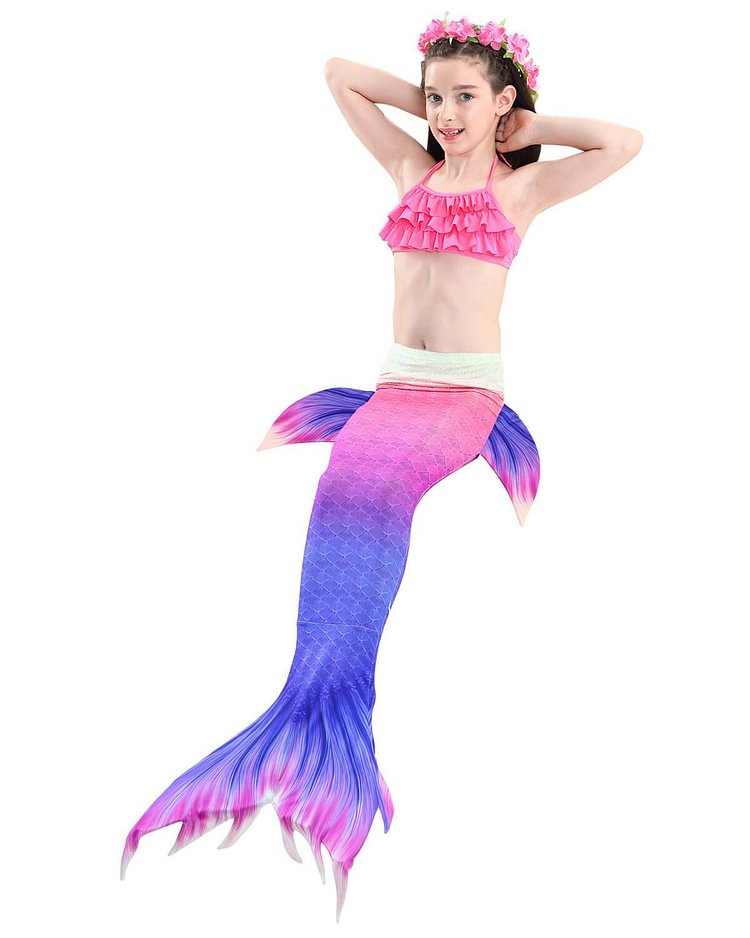 Blue Pink Ombre Mermaid Tail With Top And Bottom Girls Swimsuit-Mayoulove