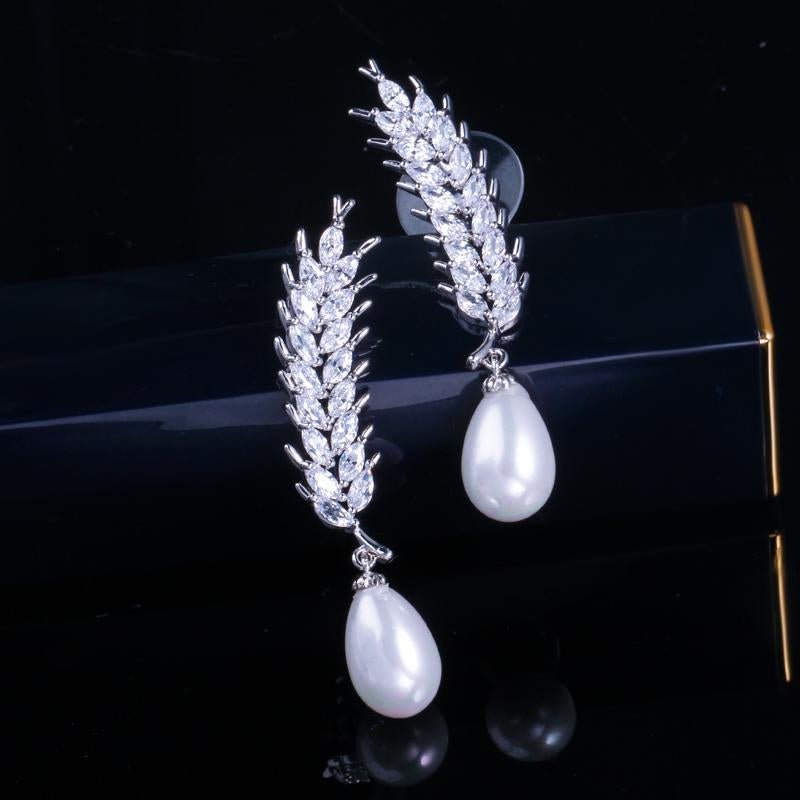 Pearl Cubic Zirconia Pearl Dangle Silver Earrings-VESSFUL