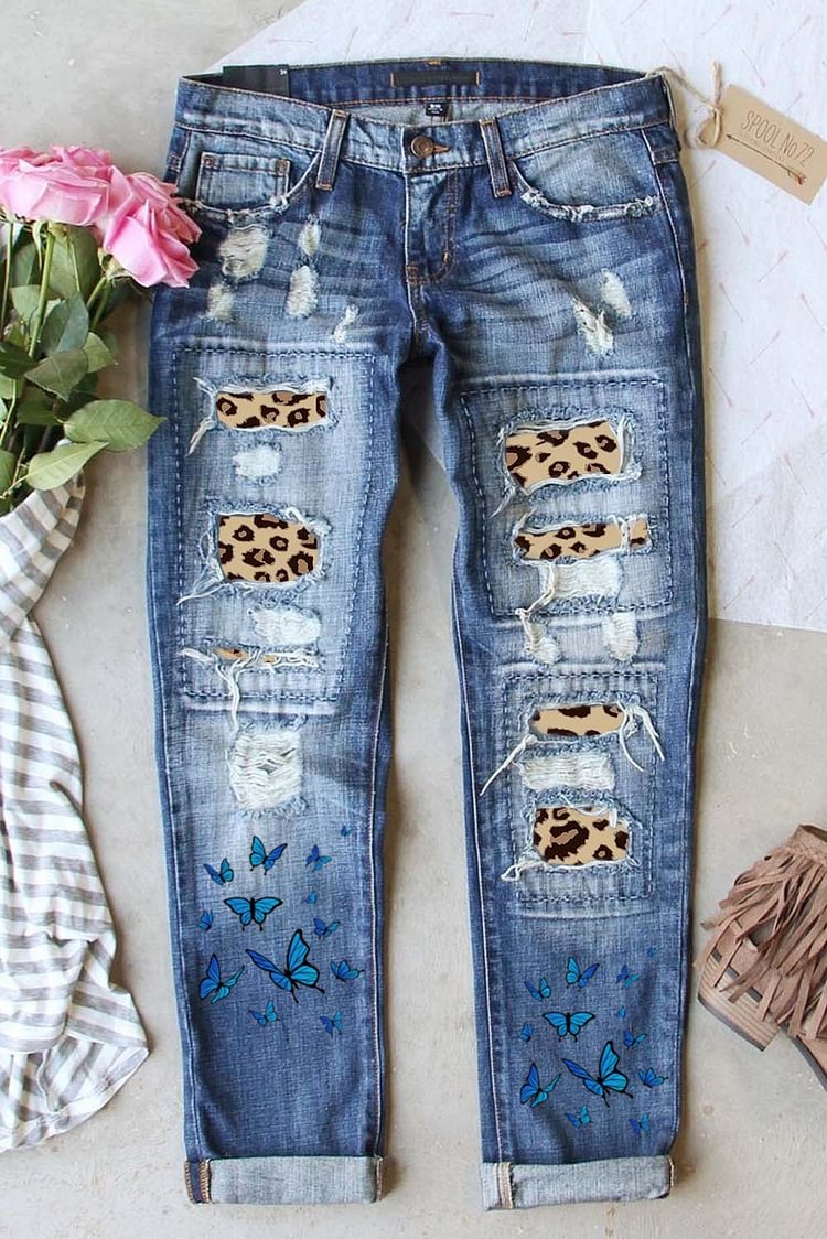 Women's Jeans Leopard Patchwork Butterfly Mid Waist Straight Jeans-Mayoulove