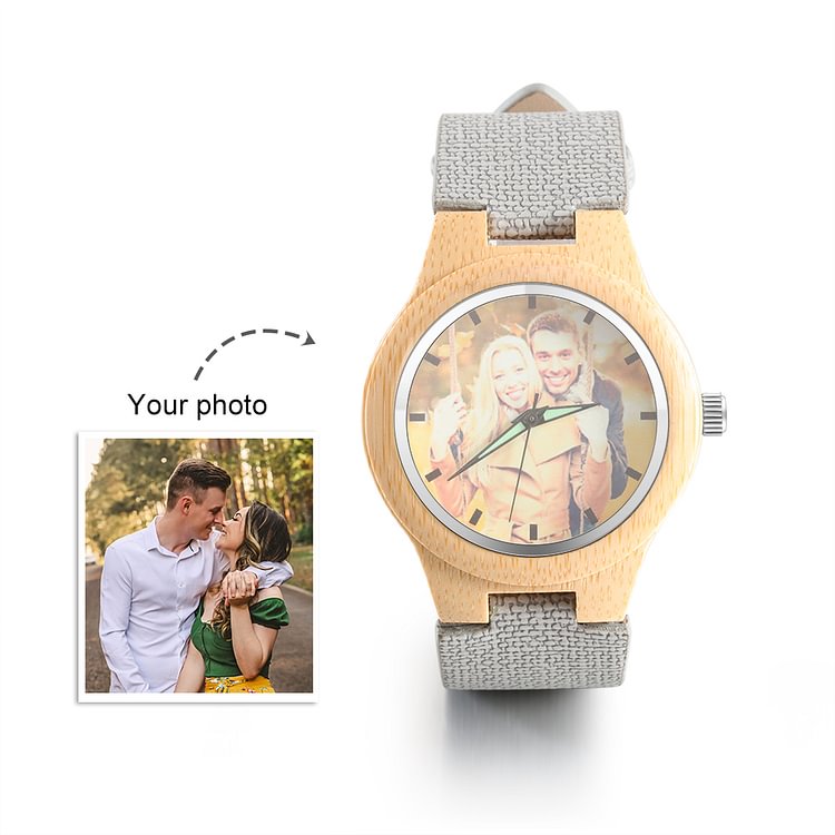 Women's Personalized Engraved Bamboo Photo Watch  Grey Leather Strap