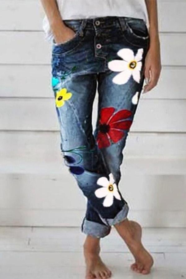 Womens Flower Printed Slim Fit Jeans-Allyzone-Allyzone