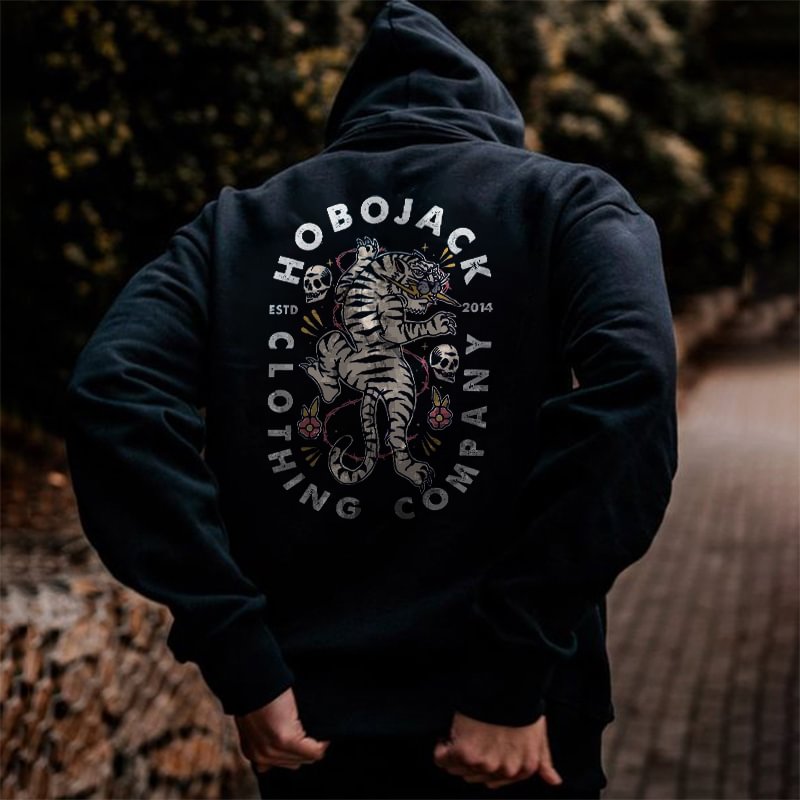 Hobojack Estd 2014 Clothing Company Tiger And Skulls Print Hoodie - Krazyskull