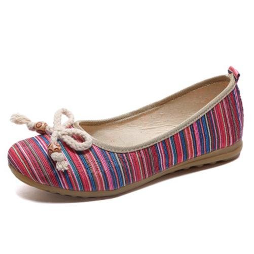 Women Large Size Color Stripe Bowknot Soft Flat Loafers