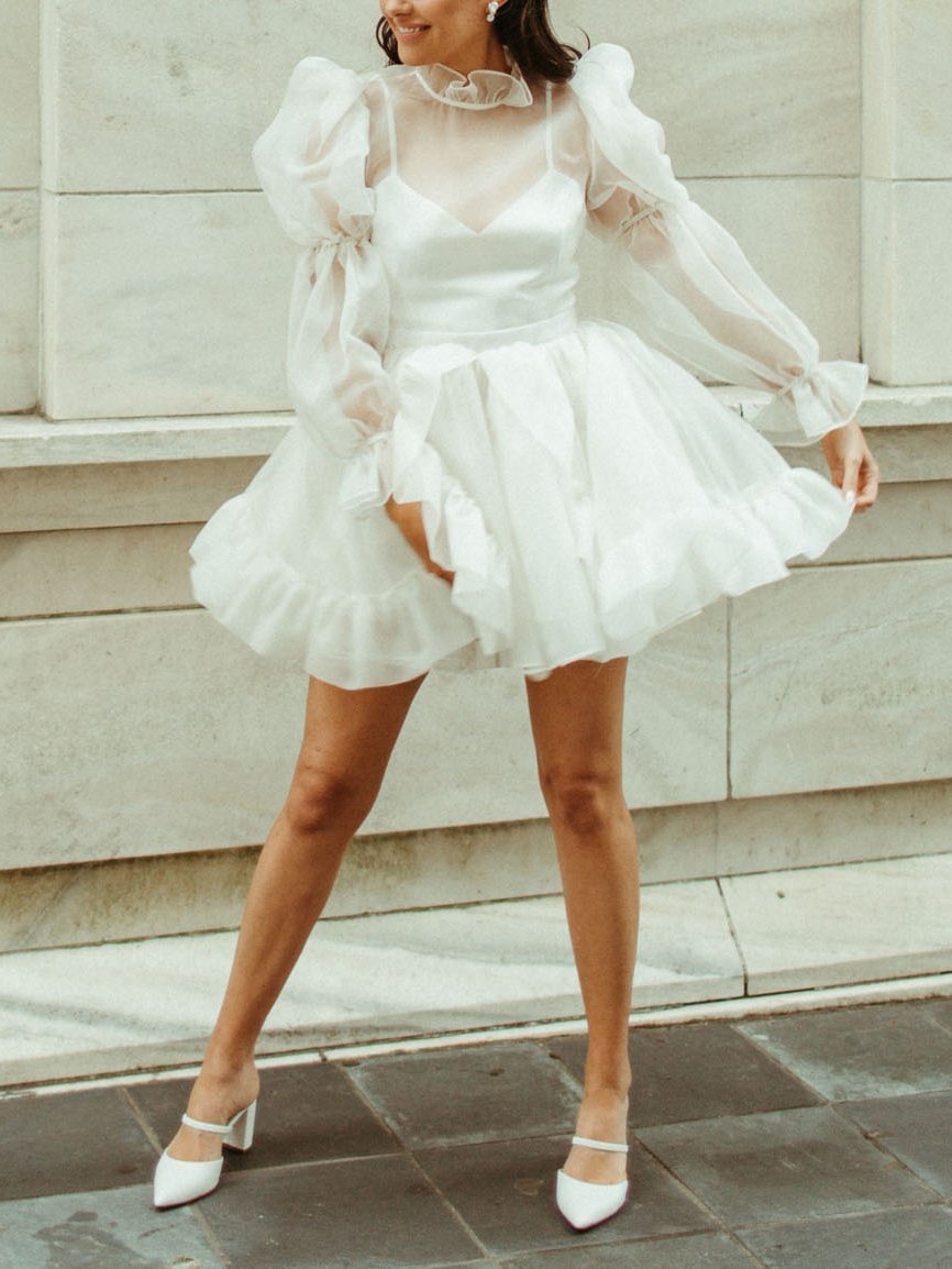 Ruffled mesh mini simple wedding dress