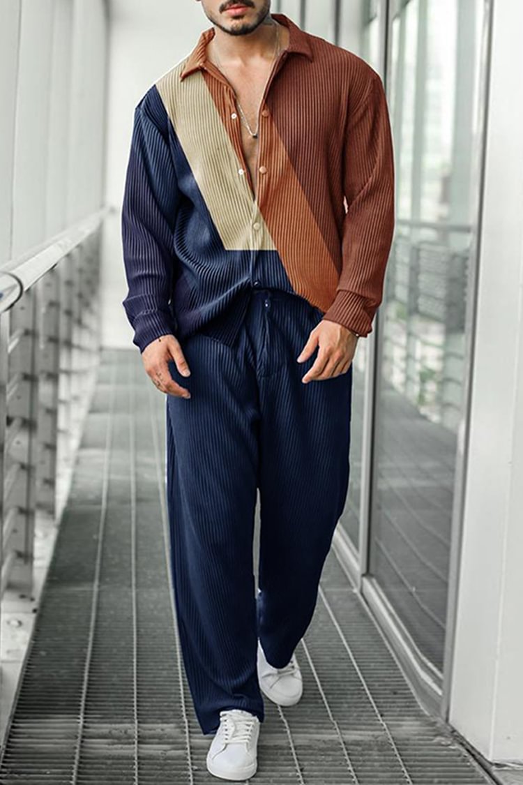 Tiboyz Men's Geometric Contrast Long Sleeve Shirt Two Piece Set