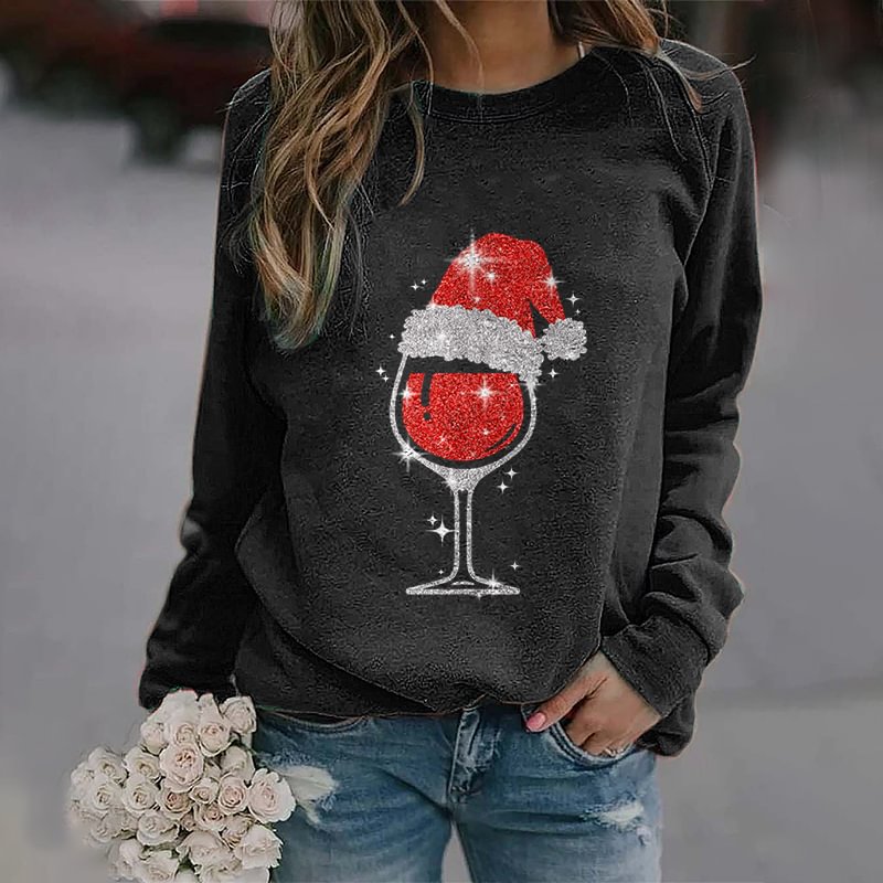 Christmas Hat Red Wine Glass Printed  Women's Sweatshirt