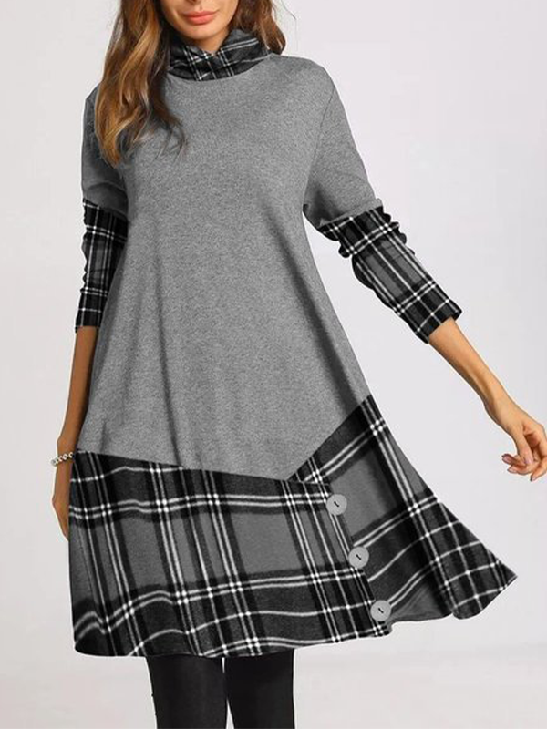Women's Long-sleeved Plaid Stitching Long-sleeved Dress-Mayoulove