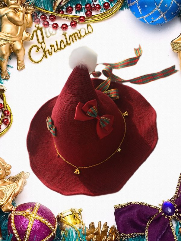 Christmas Costumes Lolita Style Chain-trimmed Bowknot Pompon Decorated Christmas Hat